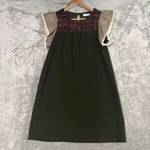 THML Emerald Green Tweed Yoke Flutter Sleeve Dress Size Small Boho Chic Mini